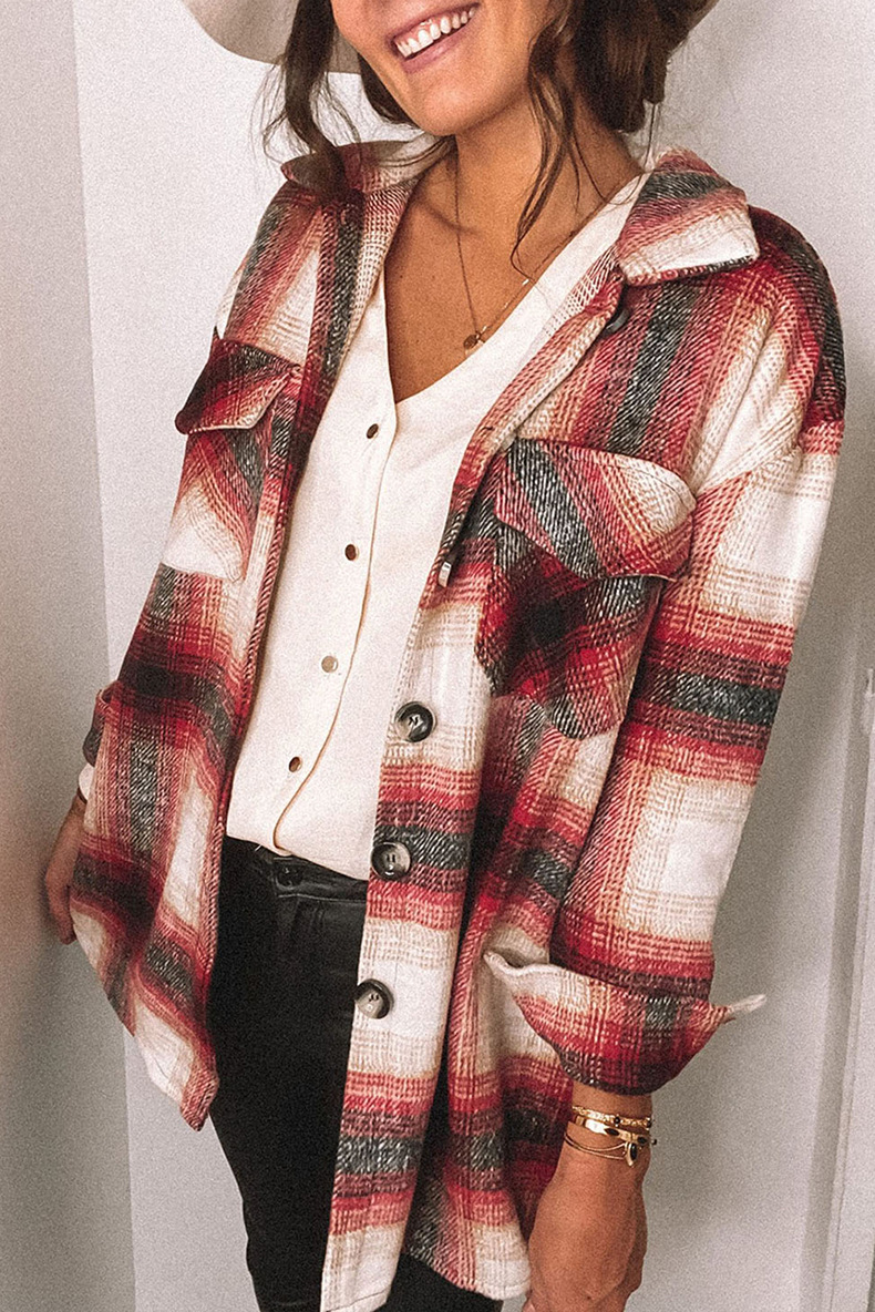 Title 6, Plaid Stitching Lapel Long Sleeve Shirt Women