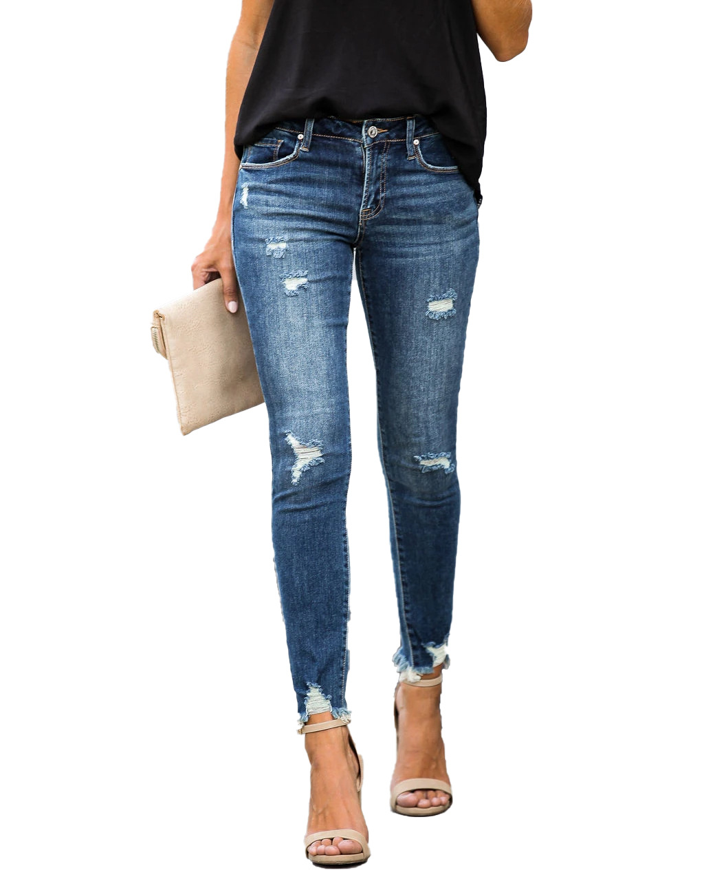 Title 1, Slim-Fit Jeans with Ripped Knees and Raw Edges