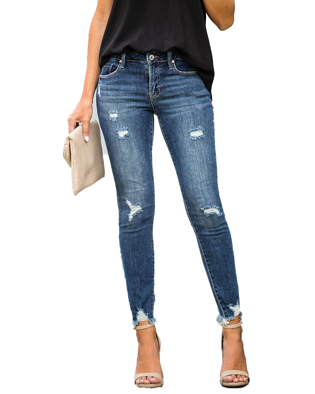 Title 2, Slim-Fit Jeans with Ripped Knees and Raw Edges