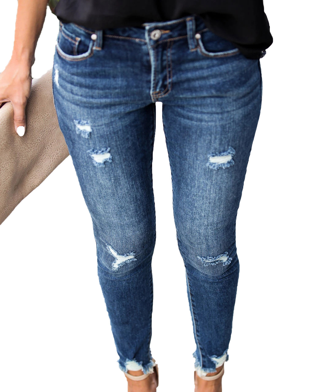 Title 5, Slim-Fit Jeans with Ripped Knees and Raw Edges