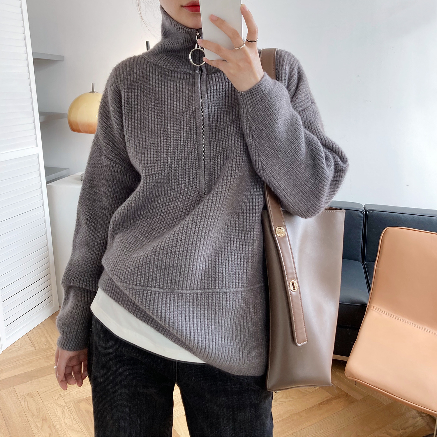 Title 2, High Neck Zipper Lazy Loose Pullover Sweater