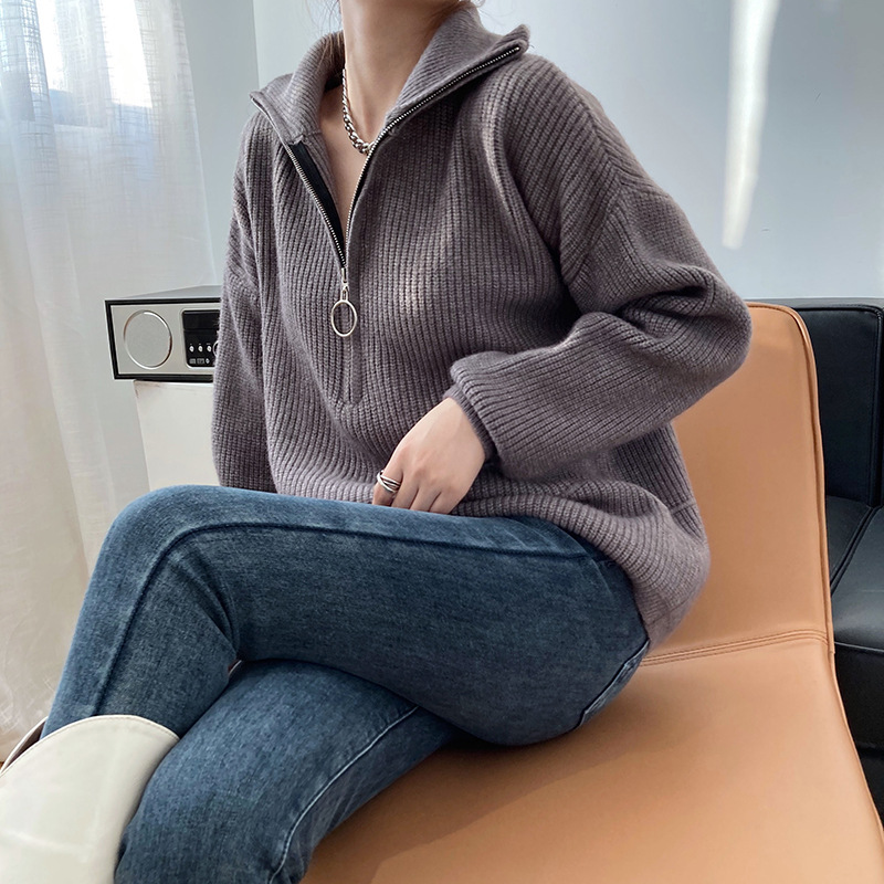 Title 6, High Neck Zipper Lazy Loose Pullover Sweater