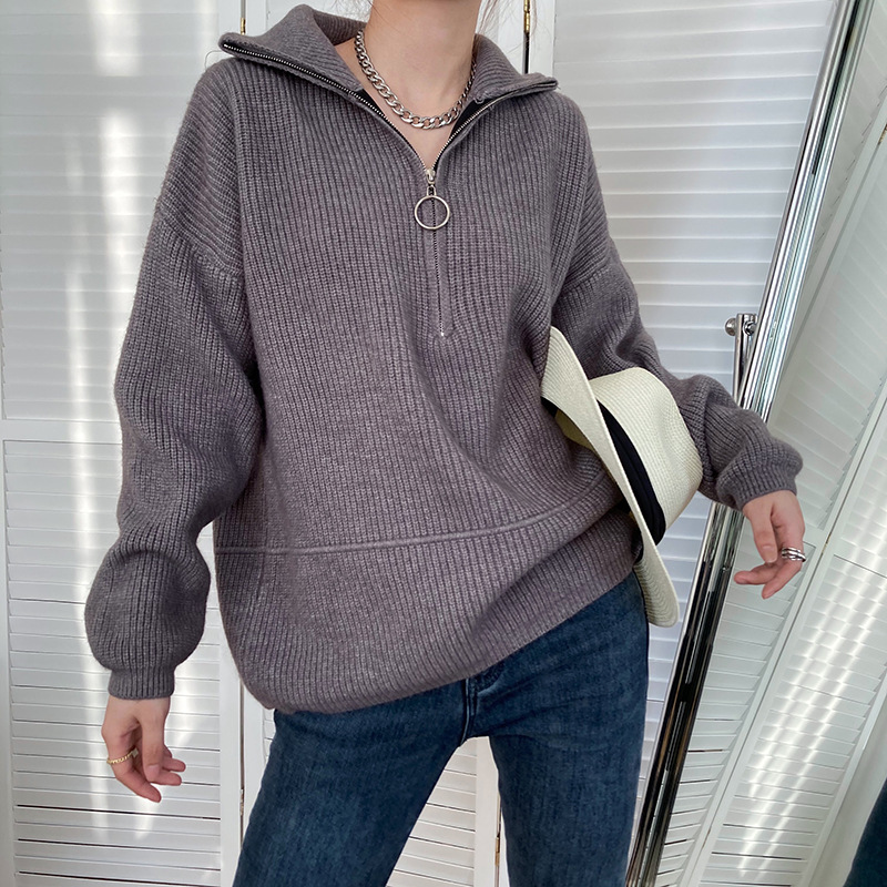 Title 7, High Neck Zipper Lazy Loose Pullover Sweater