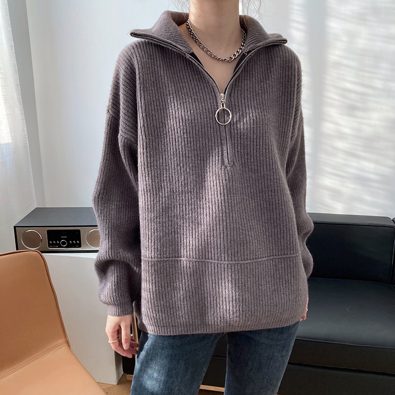 Title 8, High Neck Zipper Lazy Loose Pullover Sweater