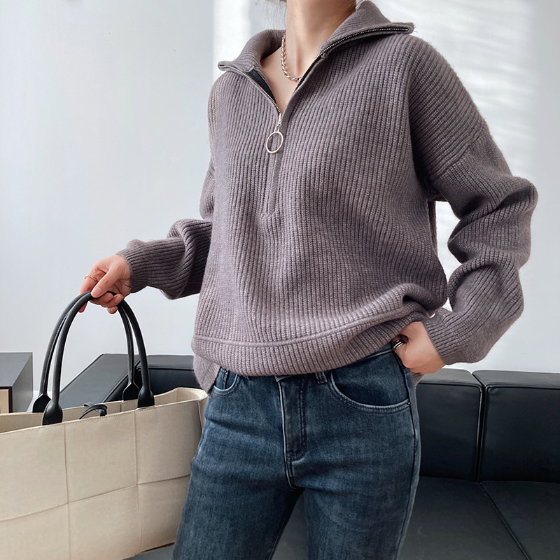 Title 9, High Neck Zipper Lazy Loose Pullover Sweater