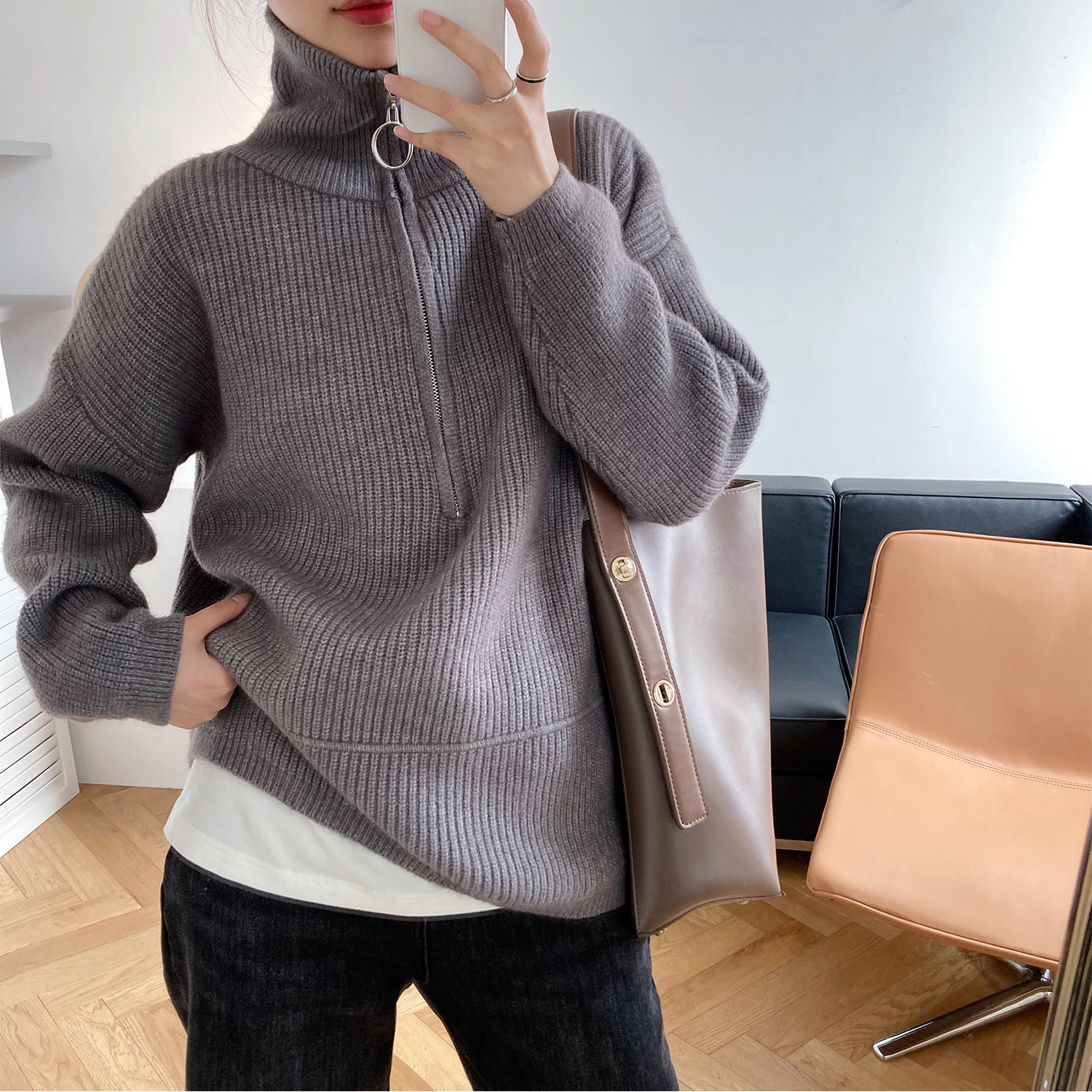 Title 11, High Neck Zipper Lazy Loose Pullover Sweater