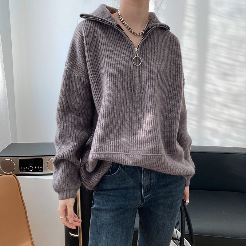 Title 13, High Neck Zipper Lazy Loose Pullover Sweater