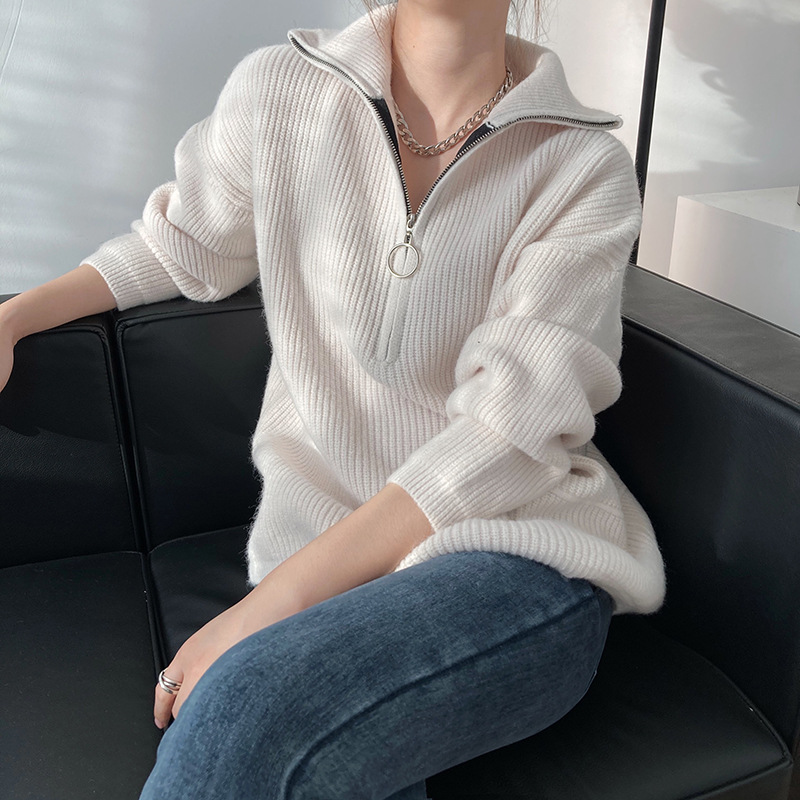 Title 15, High Neck Zipper Lazy Loose Pullover Sweater