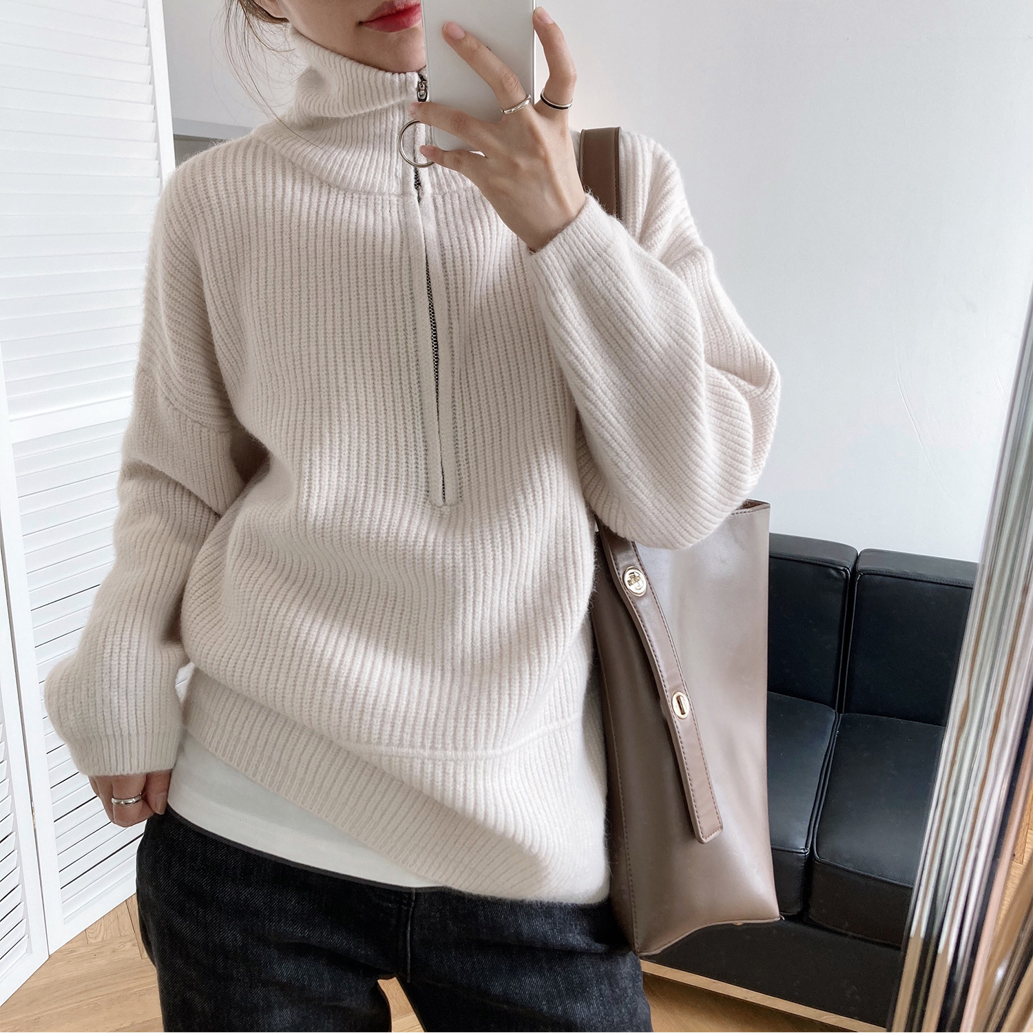 Title 16, High Neck Zipper Lazy Loose Pullover Sweater