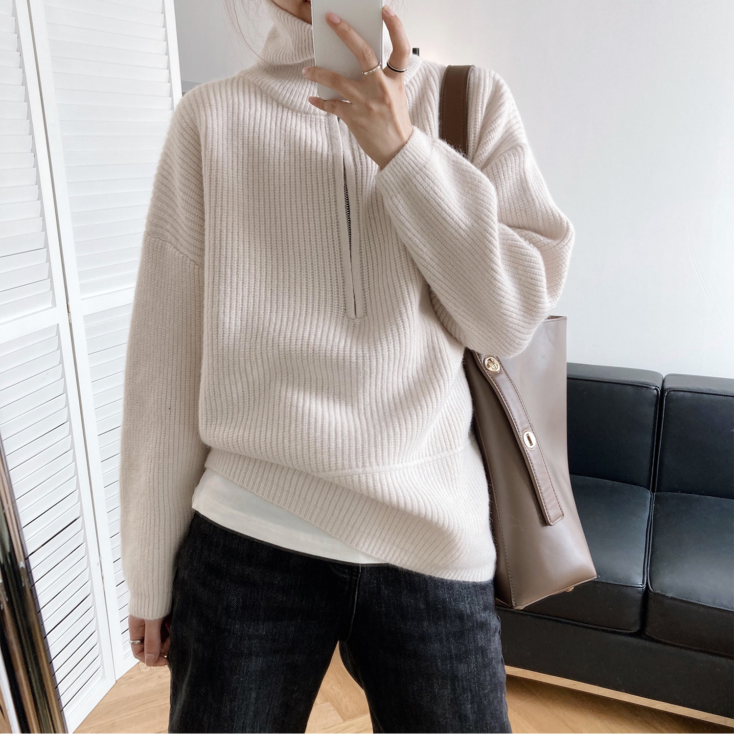 Title 17, High Neck Zipper Lazy Loose Pullover Sweater