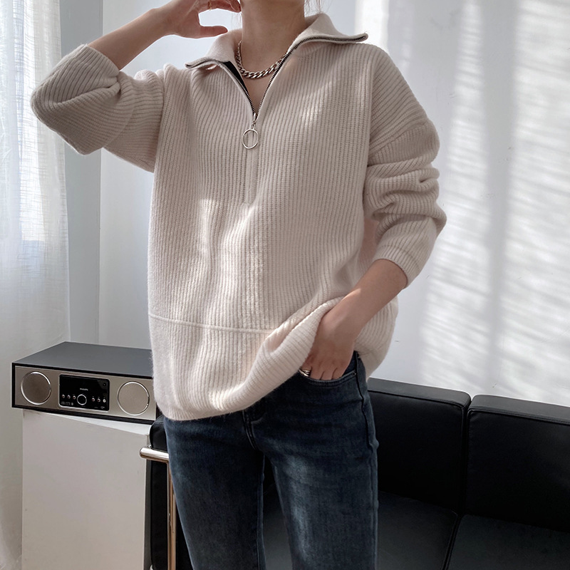 Title 19, High Neck Zipper Lazy Loose Pullover Sweater