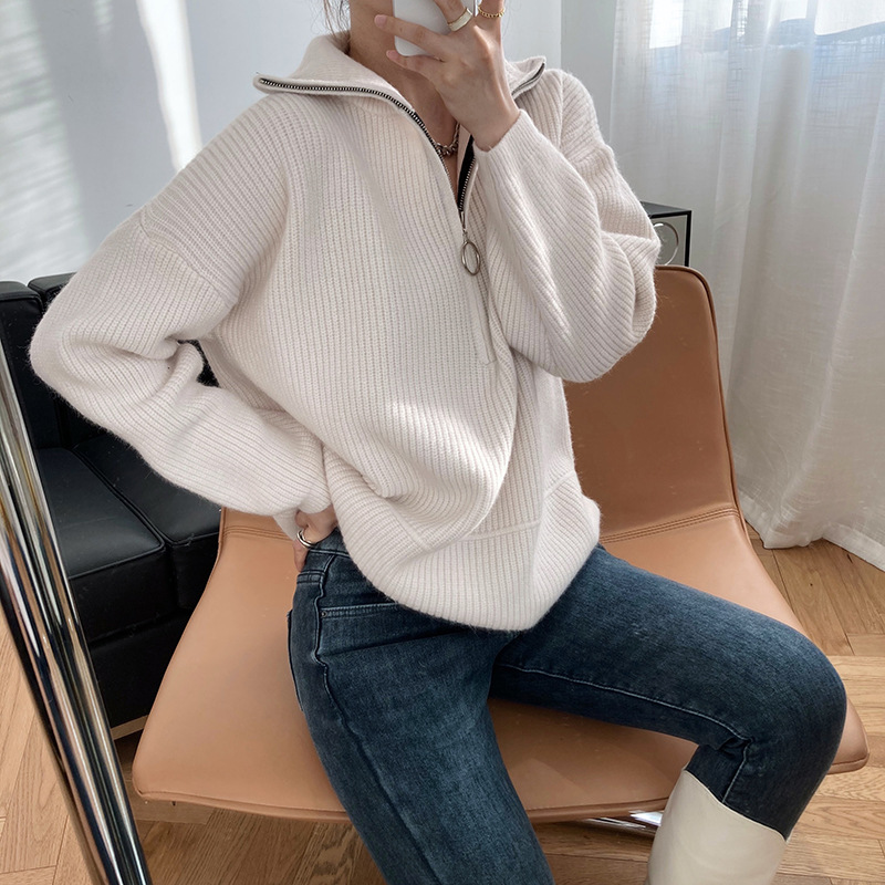 Title 21, High Neck Zipper Lazy Loose Pullover Sweater