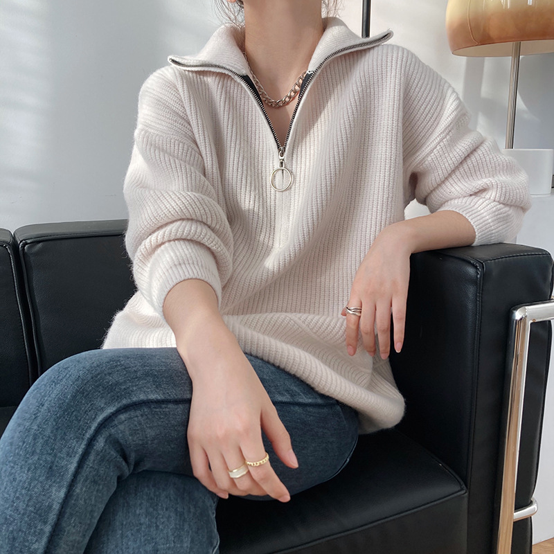 Title 23, High Neck Zipper Lazy Loose Pullover Sweater