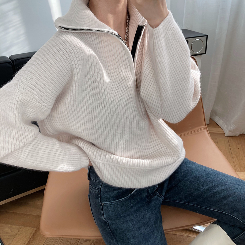 Title 24, High Neck Zipper Lazy Loose Pullover Sweater