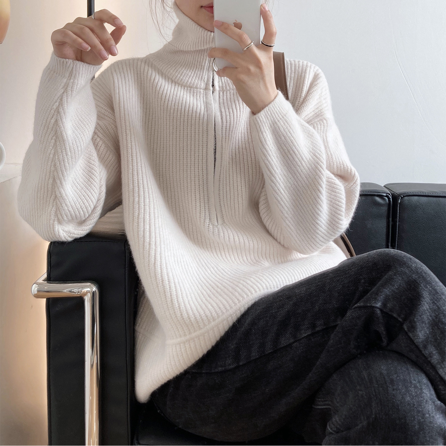 Title 25, High Neck Zipper Lazy Loose Pullover Sweater