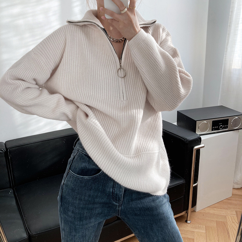 Title 30, High Neck Zipper Lazy Loose Pullover Sweater