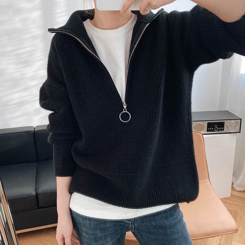 Title 31, High Neck Zipper Lazy Loose Pullover Sweater