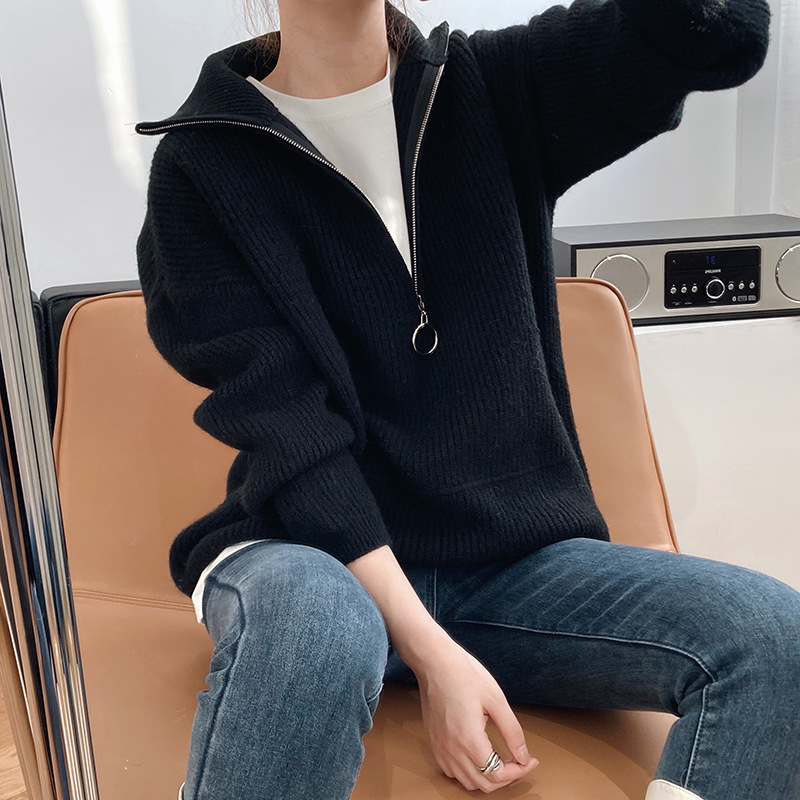 Title 32, High Neck Zipper Lazy Loose Pullover Sweater