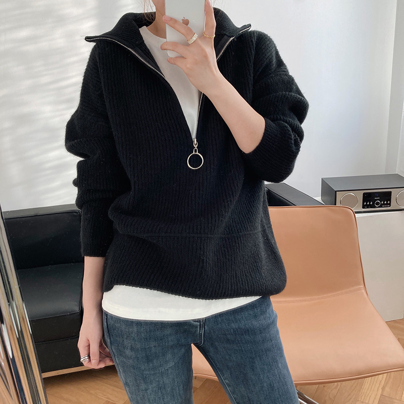 Title 34, High Neck Zipper Lazy Loose Pullover Sweater