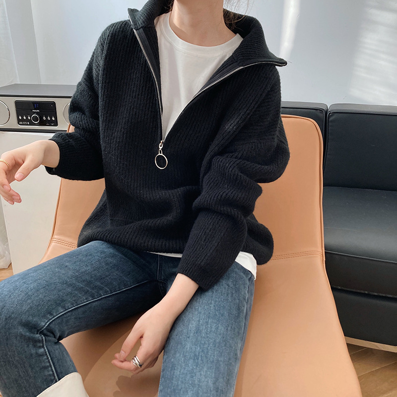 Title 35, High Neck Zipper Lazy Loose Pullover Sweater