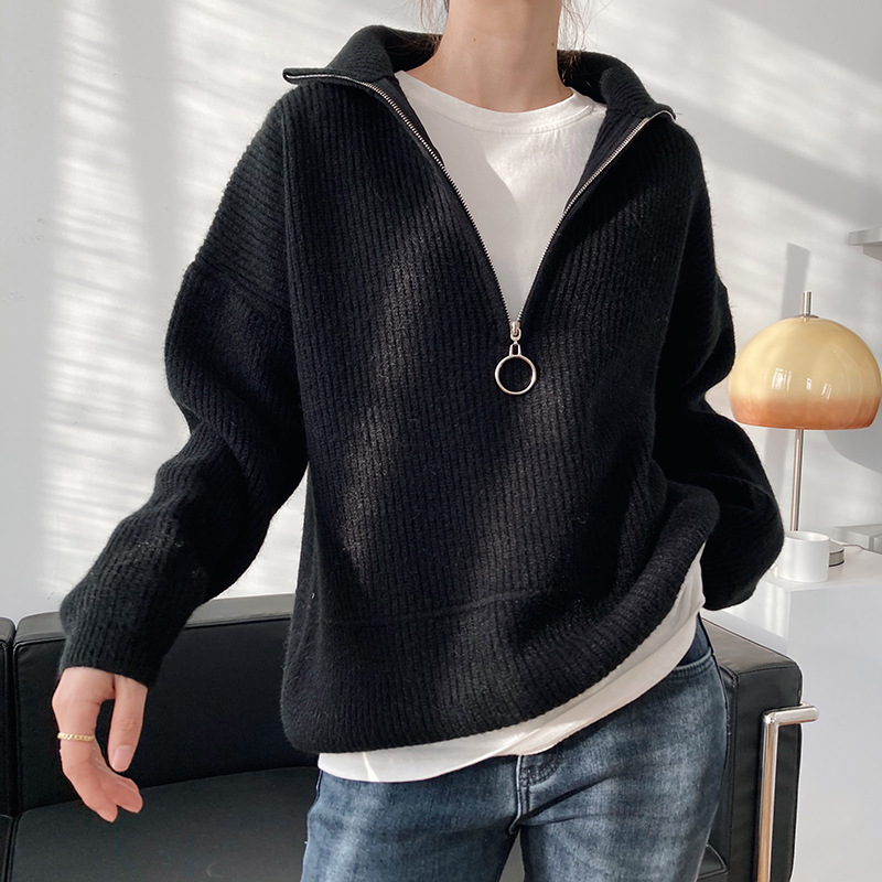 Title 36, High Neck Zipper Lazy Loose Pullover Sweater