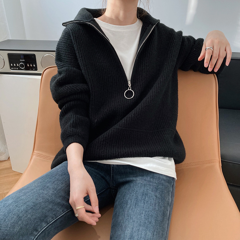 Title 37, High Neck Zipper Lazy Loose Pullover Sweater