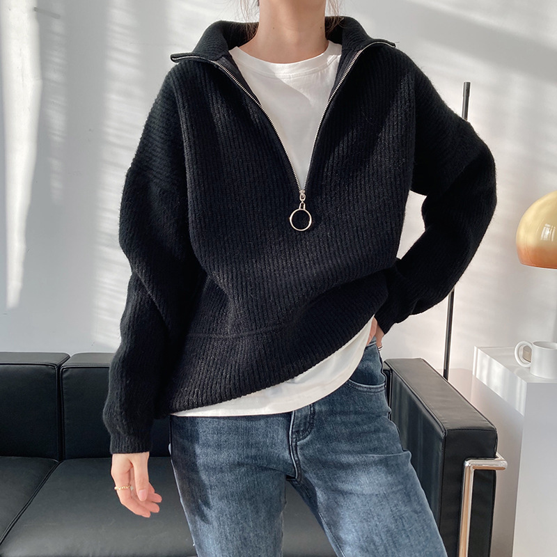 Title 38, High Neck Zipper Lazy Loose Pullover Sweater