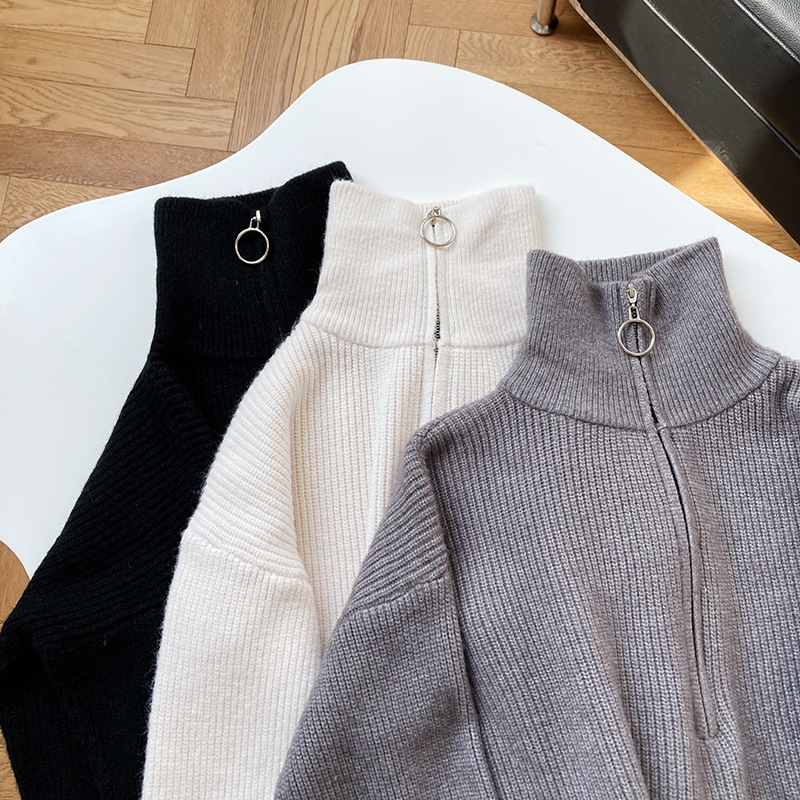 Title 40, High Neck Zipper Lazy Loose Pullover Sweater