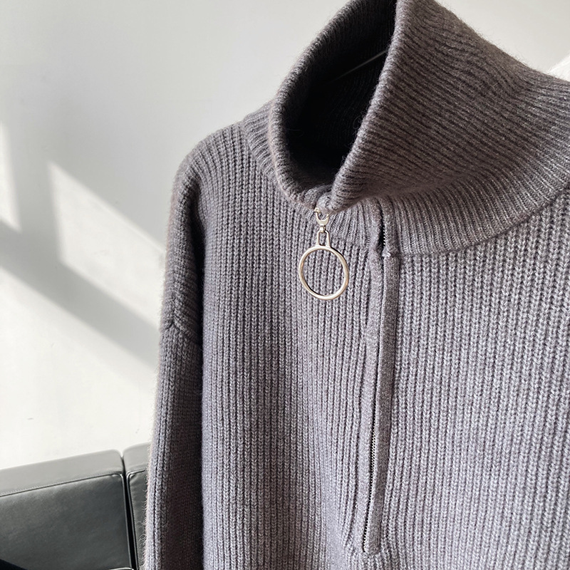 Title 44, High Neck Zipper Lazy Loose Pullover Sweater