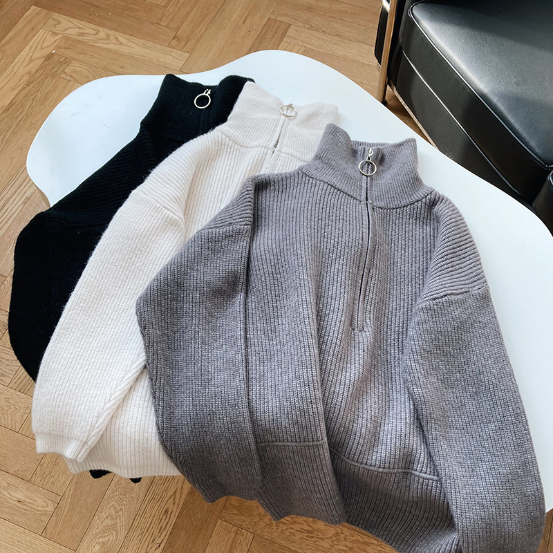 Title 57, High Neck Zipper Lazy Loose Pullover Sweater