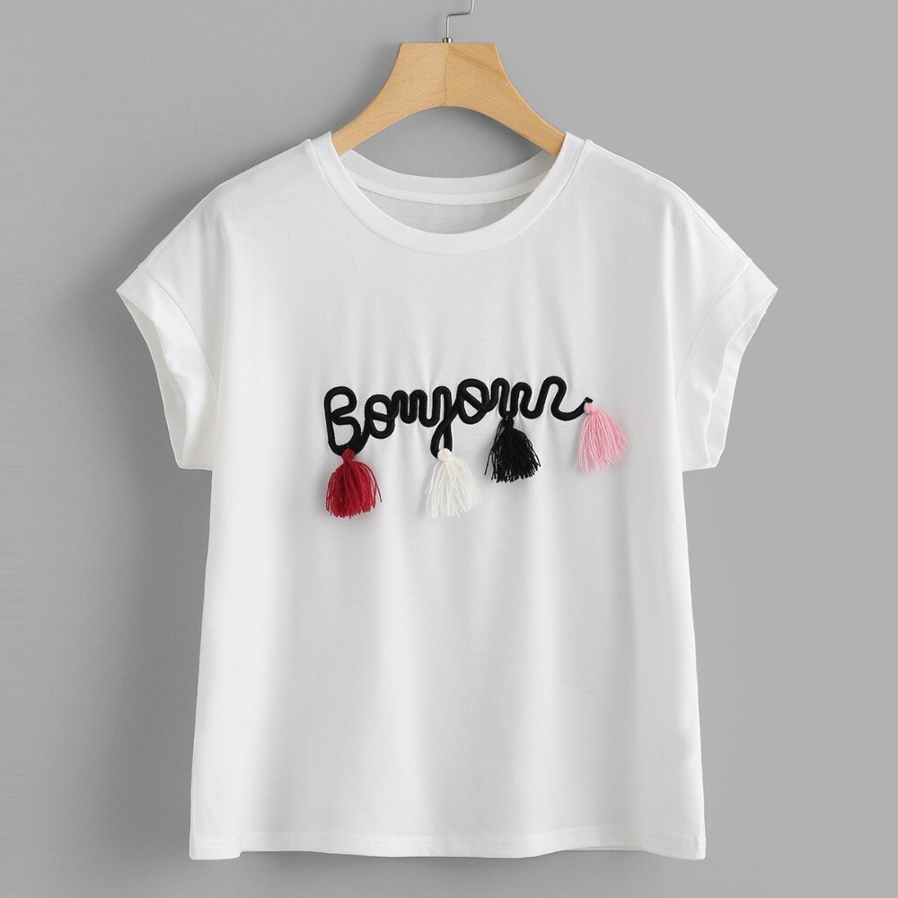 Title 1, Letter geborduurde katoenmix T-shirt met kwastj...