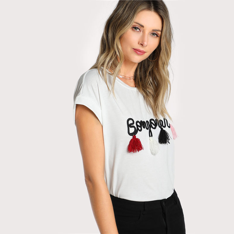 Title 8, Letter geborduurde katoenmix T-shirt met kwastj...