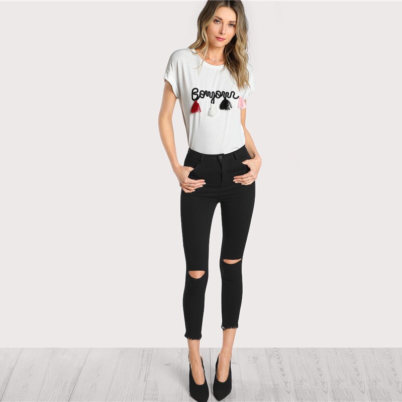 Title 9, Letter geborduurde katoenmix T-shirt met kwastj...