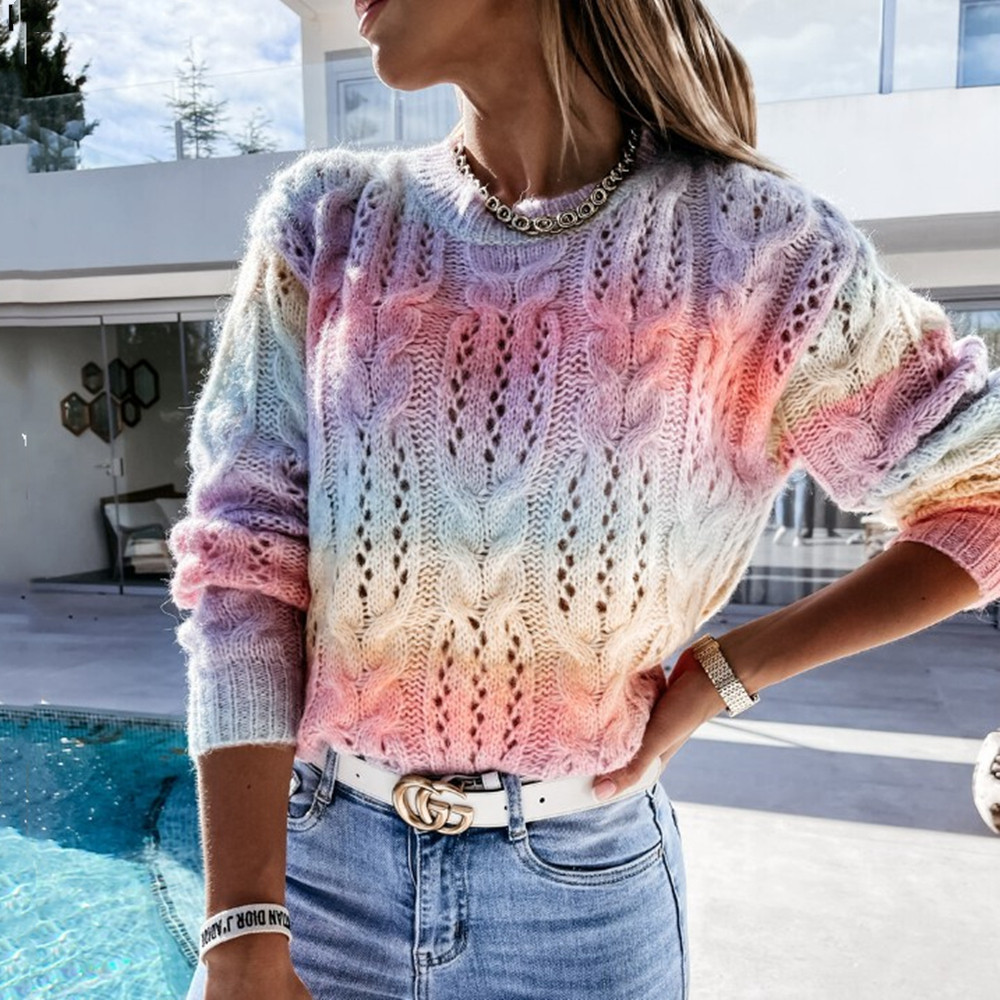 Title 5, Irregular Gradient Tie-dye Rainbow Sweater Roun...