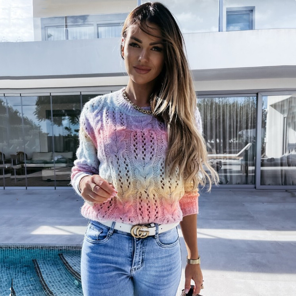 Title 6, Irregular Gradient Tie-dye Rainbow Sweater Roun...