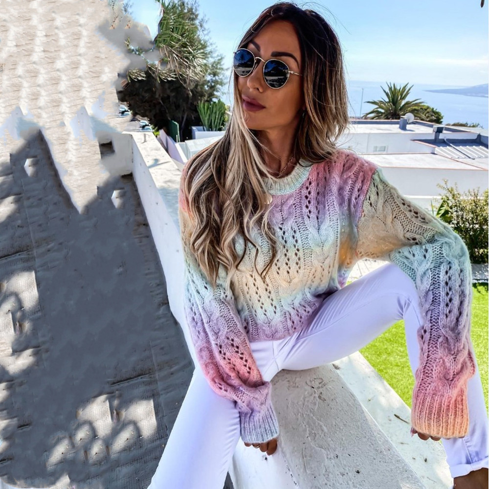 Title 8, Irregular Gradient Tie-dye Rainbow Sweater Roun...