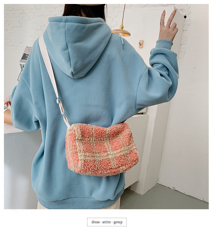 Title 14, Plush Messenger Bag Fashion Cute Small Plaid Pe...