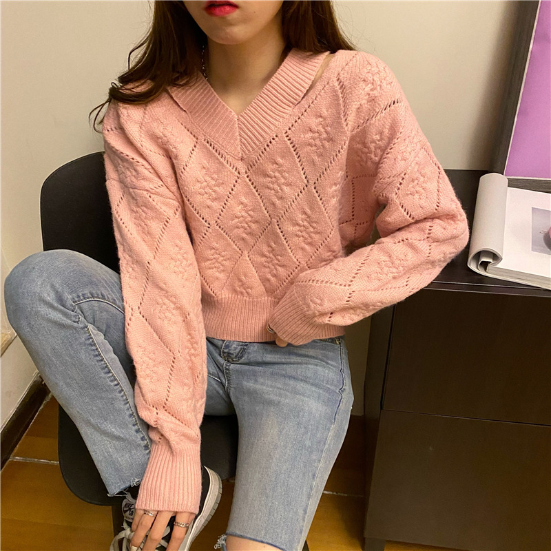 Title 12, Chunky Diamond Jacquard V-Neck Pullover Sweater