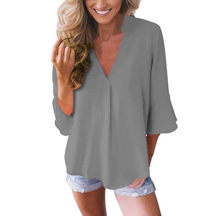 Title 6, V-neck ruffle sleeve loose chiffon shirt. Offer...