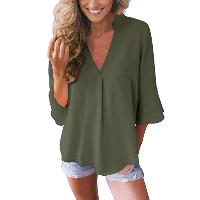 Title 8, V-neck ruffle sleeve loose chiffon shirt. Offer...