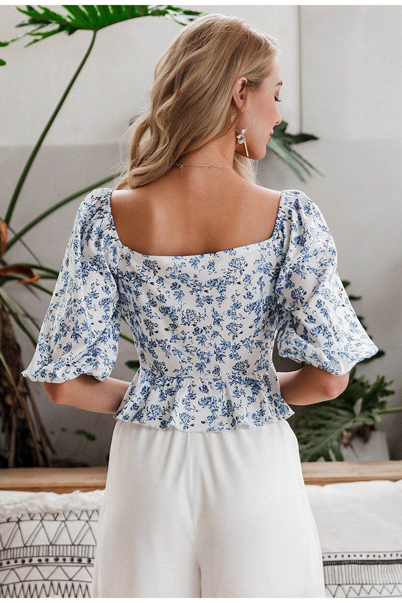 Title 5, Bloemenknoop chiffon mode shirt met lantaarnmou...