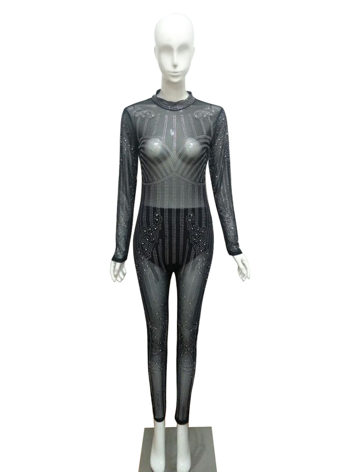 Title 10, Mesh jumpsuit met lange mouwen en ronde hals. C...