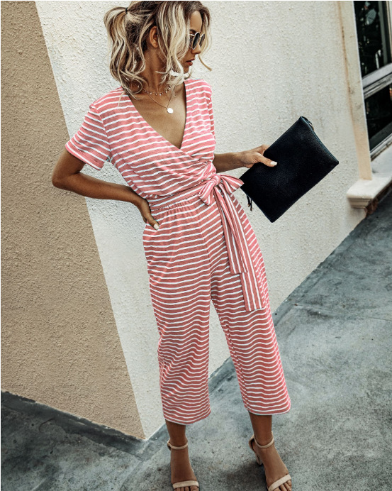 Title 2, Striped V-neck short sleeve jumpsuit