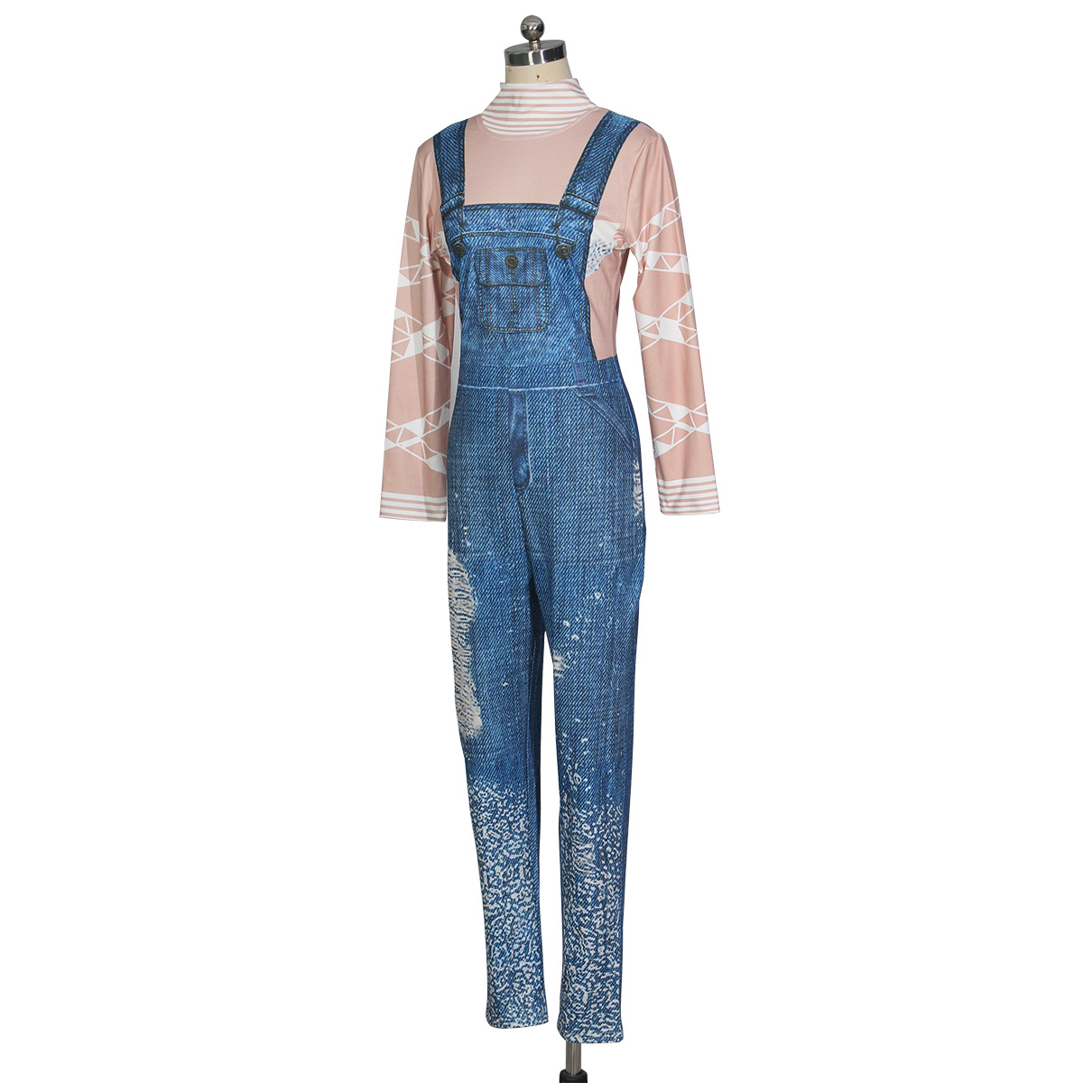 Title 2, Fashion denim suspender printed Jumpsuit