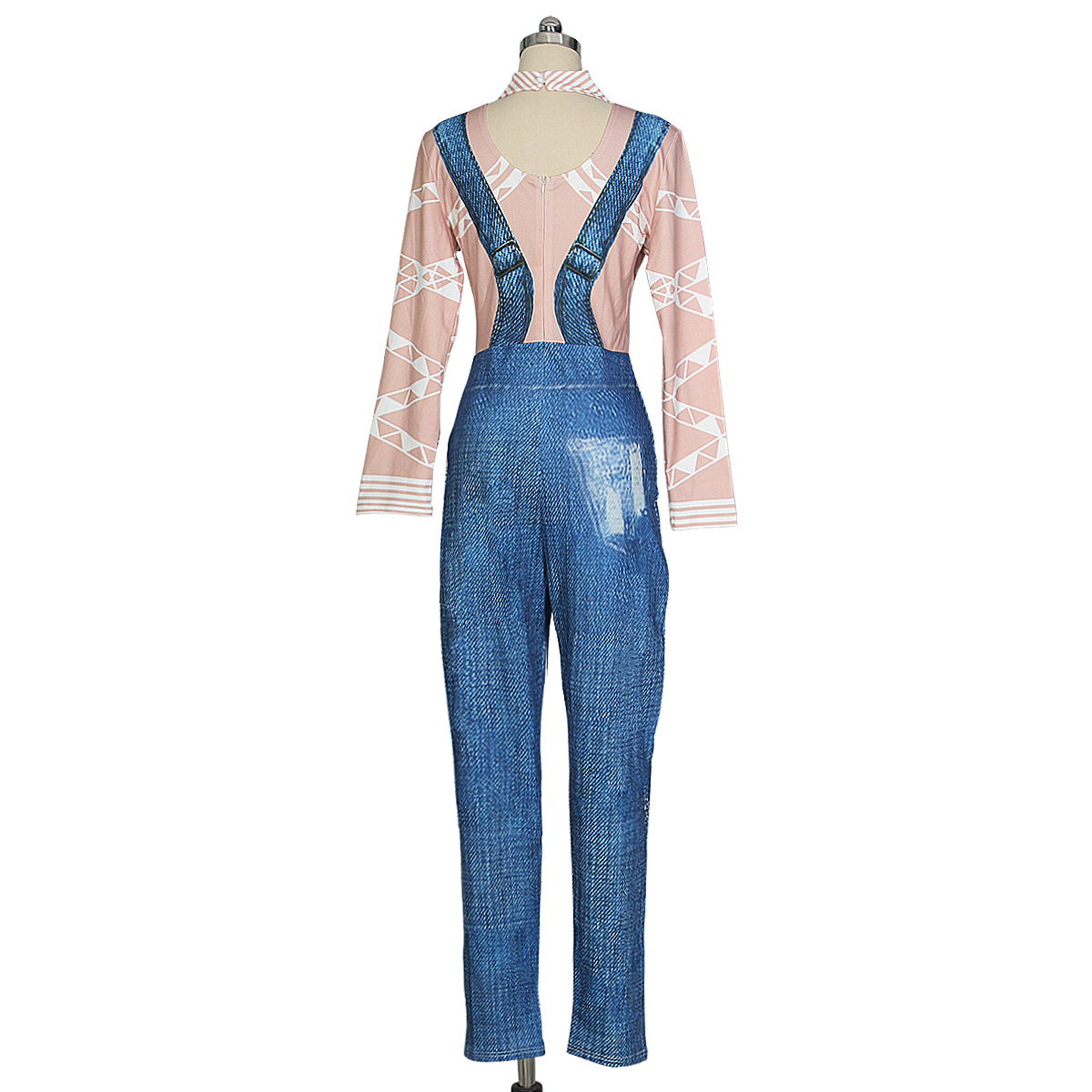 Title 3, Fashion denim suspender printed Jumpsuit