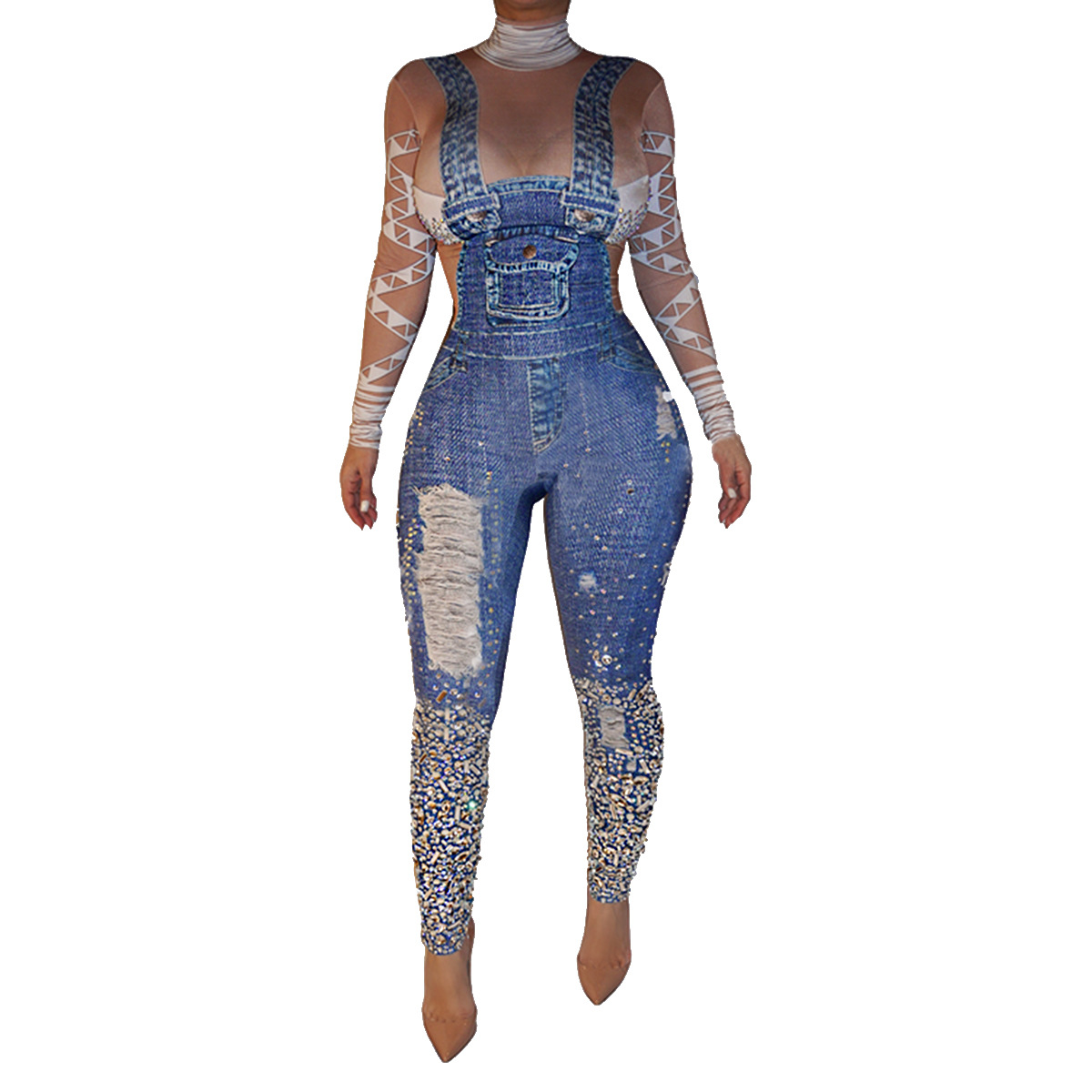 Title 6, Fashion denim suspender printed Jumpsuit