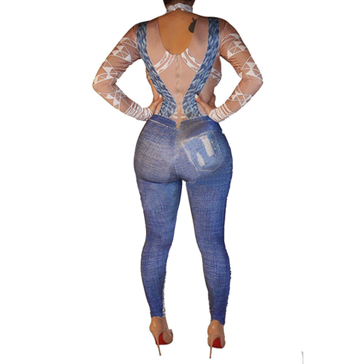 Title 8, Fashion denim suspender printed Jumpsuit