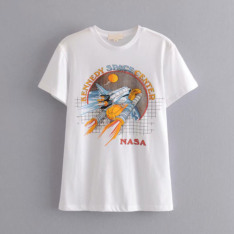 Title 5, Spaceship printed loose short sleeve T-shirt