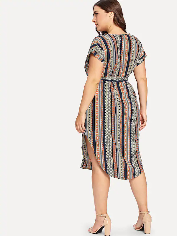 Title 1, Fat sisters belt stripe slimming V-neck dress