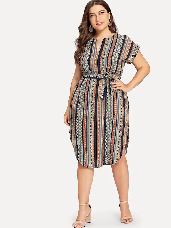 Title 2, Fat sisters belt stripe slimming V-neck dress